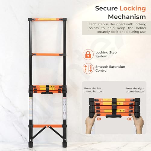 Image of Plantex 2.3m (7.55 ft.) Telescopic Ladder /Carbon Steel 6-Steps Portable & Compact Ladder /Foldable Multipurpose Collapsible Ladder for Home & Outdoor Use - (Orange)