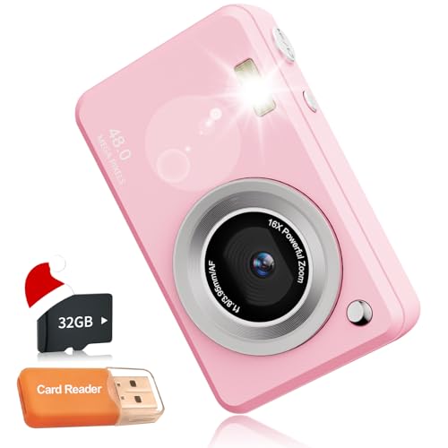 Appareil Photo Numérique FHD 1080p, Carte De 32 Go, Zoom 16x, Appareil Photo Compact avec Batterie De 1300 mAh, Écran De 2,4 Pouces,Appareils Photos Enfants Cadeau De Noël pour Enfants.