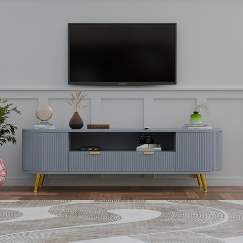 Image of 60L x 16W x 22H Inches Solid Wood TV Unit for Living Room | Modern TV Stand for 55-65 Inch TV | Free Standing Entertainment Cabinet with 2 Drawers (Navy Blue)