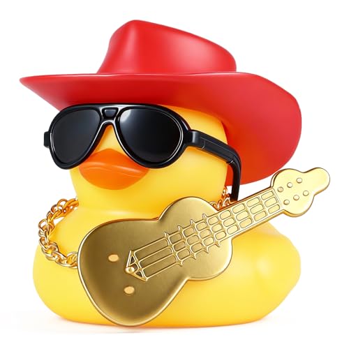 BOZILY Red Mini Cowboy Hat Guitar Rubber Duck Decor with Sunglasses & Gold Chain - Silicone Dashboard Ornament for Car Interior Decoration Accessories