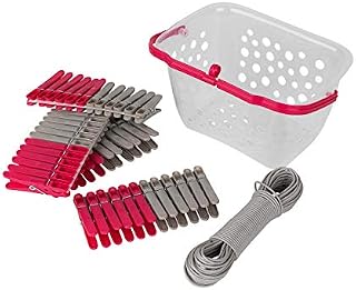 Kleeneze KL066619EU 20 Metre Washing Line with 48 Steady-Grip Clothes Pegs & Storage Basket, Indoor/Outdoor Use, Rust & Moisture Resistant, Durable Plastic, Grey/Pink