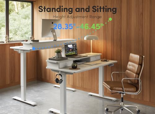 Image of FEZIBO 55 x 24 Inch Height Adjustable Electric Standing Desk with Double Drawer, Computer Desk, Home Office Stand Up Table with 4 Height-Adjustable Feets & 2 Hooks, White
