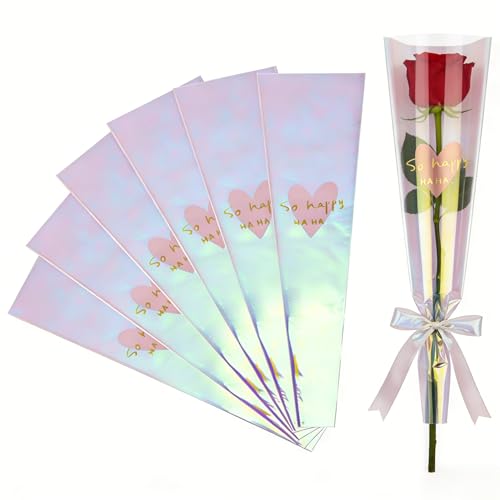 CHAQiWi Iridescent Flower Bouquet Wrapping Bags with Pink Heart Single Rose Sleeve Packaging Clear Waterproof Floral Wrapping Paper for Florist Bouquet Wedding Birthday Valentines Day Party Supply 100 Pack 17.7x4.7x1.2 Inch
