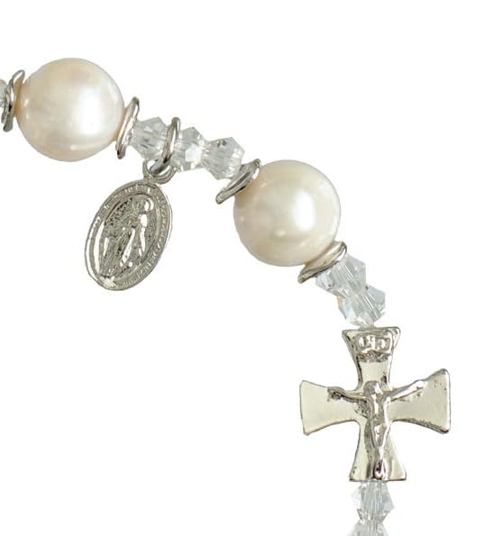Sine Cera Genuine Pearl 1 Decade Catholic Rosary Bracelet 10mm Beads, Pewter Crucifix and Miraculous Medal for Women2