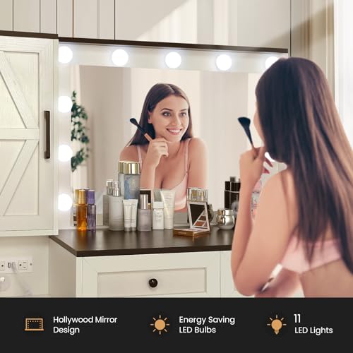 Vanity with Lighted Mirror - Farmhouse Makeup Vanity Desk with 4 Drawers, 1 Cabinet and Power Outlet, 3 Color Lighting Modes Adjustable Brightness