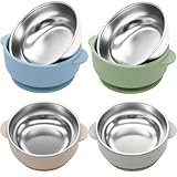 JVEOO 4 Pack Stainless Steel Baby Bowls with Suction, 2-in-1 SUS304 Toddlers Bowl & Removable Silicone Suction Kids Bowl Anti Scald Non Toxic Snack Container for Baby Food Feeding