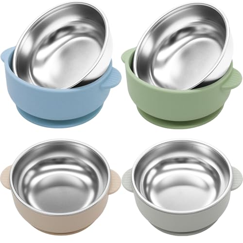 Image of JVEOO 4 Pack Stainless Steel Baby Bowls with Suction, 2-in-1 SUS304 Toddlers Bowl & Removable Silicone Suction Kids Bowl Anti Scald Non Toxic Snack Container for Baby Food Feeding