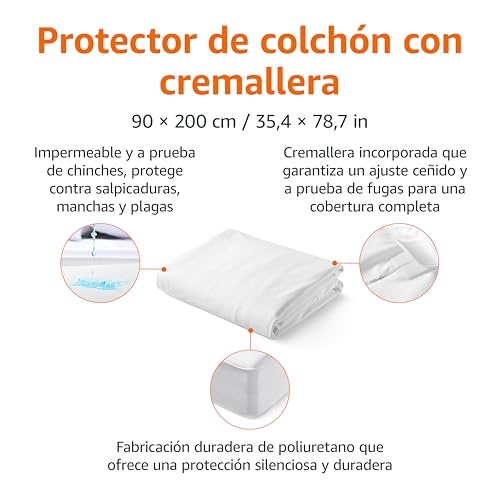 Miniatura 2 de Amazon Basics Funda Protectora De Colchón Impermeable Con Cremallera Para Cama De 90 - Cubre Colchón Anti Chinches Y Ácaros, 90 X 200 X 30 Cm, Blanco
