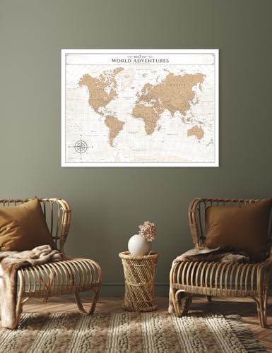 Image of IPIC - Vintage Push Pin World Map Canvas Wall Art, Oversized Travel Map Print for Travel Lovers, Push Pin Wall Decor for Home, Office, Study or RV, Ready to Hang