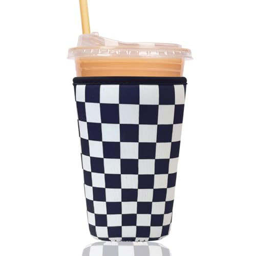Image of Reusable Insulated Sleeve for Iced Coffee Cup, Coffee Neoprene Sleeve for Cold & Hot Drinks, Beverage Holder for Iced Coffee (Checker Grid, Large: 32oz)