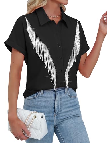 MYMORE Women's Western Cowgirl Sparkly Fringe Button Down Shirt Rolled Cuffed Short Sleeve Shirt Country Concert Outfit4