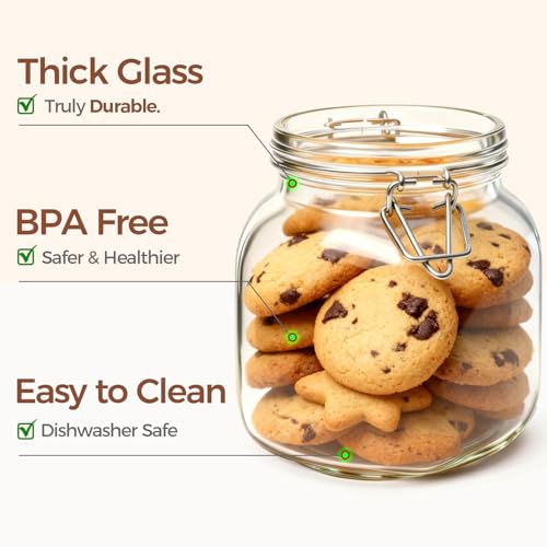 Image of ComSaf Square Glass Pickling Jars 27 oz 6 Pack with Airtight Lids Pantry | Six matching canisters with labels, 3.3-inch wide mouth for pickles, sugar, dry herbs, coffee, tea, snacks and jam storage
