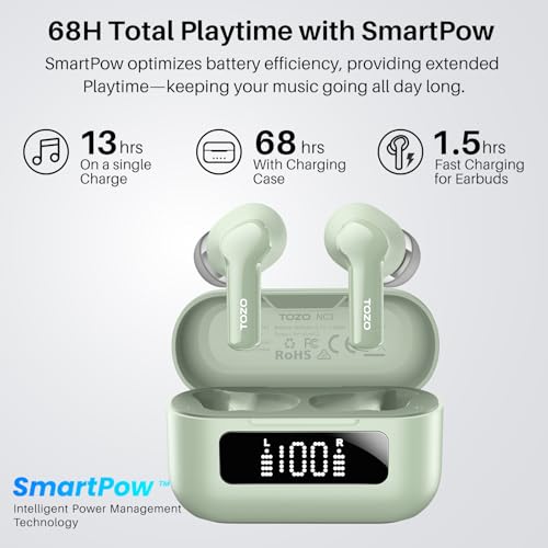 Image of TOZO Hybrid Active Noise Cancelling Wireless Earbuds 6 Mics AI Clear Call | 68H Playtime LED Display 32 Preset EQs App Bluetooth 5.3 IPX8 Waterproof Ear Buds