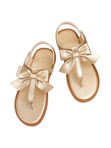 GORGLITTER Girl's Cute Bow Flat Sandals Metallic Gold Ankle Strap Thong Slides Toe Post Vacation Shoes