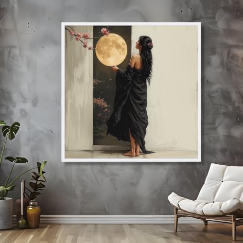Cuadro de mujer con luna llena en lienzo floral decorativo para pared de salón 30x30