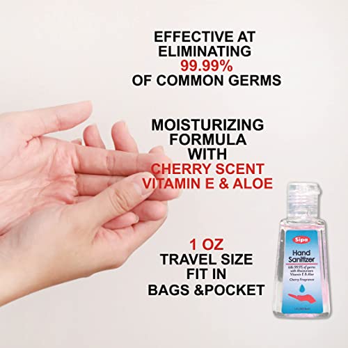 Sipa Hand Sanitizer Travel Size 1 Oz/ 30 Ml, Cherry Scent, Flip Cap Bottle Each (Pack Of 24), With 2 Keychain Hand Sanitizer Bottle Holder, Soothing Gel With Aloe And Vitamin E #TOP1