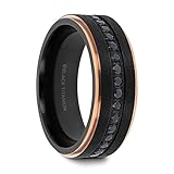 Mens Black Titanium Rose Gold Plated Inside Black Sapphire Settings all around Wedding Ring - Flat Brushed Comfort Fit - 8mm Wide - Style name: ASTRO - Ring Size 9