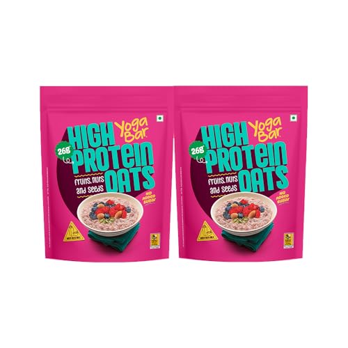 Yogabar 26g High Protein Oats 1kg x 2, Fruits Nuts & Seeds - Breakfast Cereal with Wholegrains, 26% Protein & No added sugar - Oats High Protein for Gym & Weight Management - Premium Protein Blend with Whey Protein Powder - with Goodness of Chia, Sunflower & Pumpkin Seeds & Probiotics for Absorption