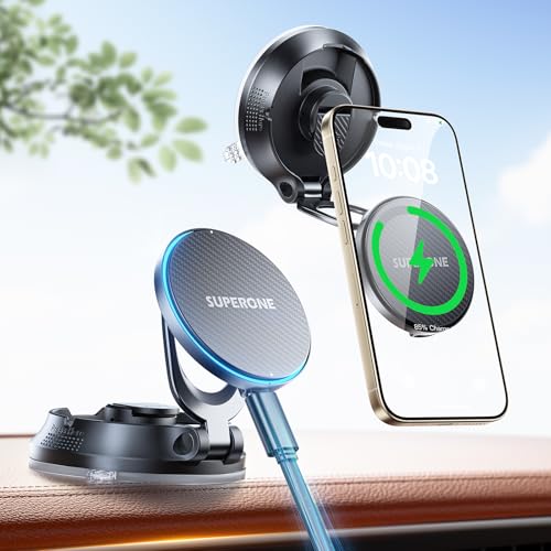 SUPERONE for MagSafe Car Mount Charger, 15W Fast Charging Magnetic Wireless Car Charger [88+LBS Ultra Suction & 2800gf Strong Magnetic] 360° Vacuum Magnetic Phone Holder for iPhone