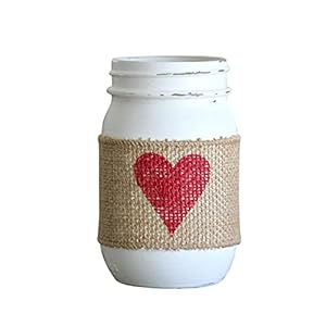 Painted White Mason Jar Red Heart | Wedding Table Centerpiece | Burlap Barn Rustic Theme Decor | Valentine Day Gift Painted White Mason Jar Red Heart Wedding Table Centerpiece Burlap Barn Rustic Theme Decor Valentine Day Gift