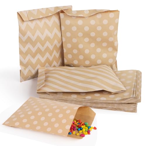 GEBETTER 60Pcs Bolsas Papel Kraft Regalo 13x18 cm 3 Modelos Punto Raya Zigzag, Bolsitas Cumpleaños Infantil Chuches Dulces Detalles Navidad Halloween Comunión Fiestas Niños Invitados Marrón Blanco
