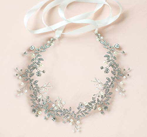 Babeyond Bridal Headpiece Handmade Wedding Hair Vine Crystal Floral Leaf Headband With Satin Ribbon (Silver) #TOP3