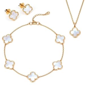 HighSpark Four Leaf Jewelry Set for Women | Designer Clover Necklace Earrings Bracelet Set | Lovely Gift