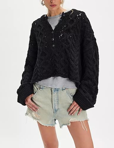 Women's Chunky Cable Knit Sweater Casual Long Sleeve Crewneck Crochet Pullover Boho Fall Winter Tops3