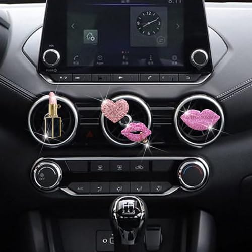 4 Pcs Pink Lips Air Vent Clips, Sexy Lips Kiss Heart Shape Car Air Fresheners, Charms Rhinestone Diffuser Vent Clip Cute Car Decor Bling Car Accessories for Women, Automotive Air Fresheners (Pink, 4)