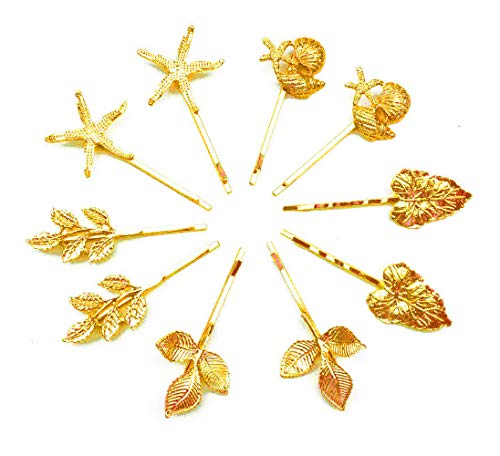 Hyamass 10pcs Gold Athena Olive Branch Leaves Starfish Conch Shell Barrettes Bobby Pin Hair Clips Bride Headwear Edge Clip Clamps