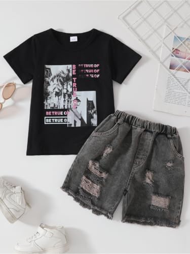 Image of Kids Toddler Girls Summer Clothes Leopard Butterfly Print T-Shirt + Belted Denim Jeans Shorts 3PCS Outfits