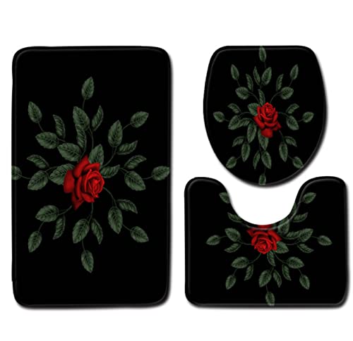 3 Teilig Badematte Set Rote Rose 1 3D Badematten Set rutschfest, Badezimmerteppich,U-förmiger WC-Vorleger,WC-Deckelbezug…