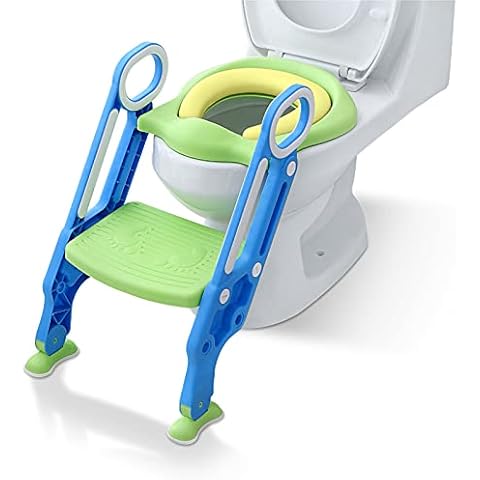 NAIZY Toilettensitz Kinder mit Treppe Faltbar Töpfchentrainer Höhenverstellbar WC Trainer mit PU Gepolstert Kissen und Griffen Töpfchen für Kinder von 1-7 Jahren Kleinkinder - Blau und Grün Cover