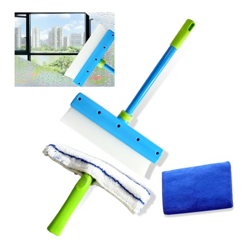 Recyclable Silicone Window Squeegee Kit 3-in-1 Glass Cleaning Tool with Microfiber Scrubber for Windows Shower Mirrors Doors & Cars (1 Set Green)