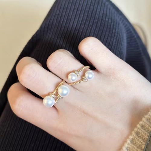 Double Pearls Open Twisted Band Statement Rings for Women Dainty Shiny CZ Large Round Pearl Adjustable Finger Wrap Ring Promise Engagement Wedding Party Stacking Expandable Fashion Jewelry Her4