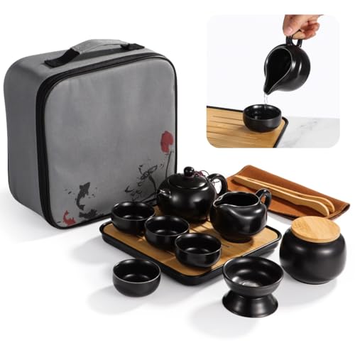 YOFAPA Porcelain Chinese Gongfu Tea Set Portable Travel Teapot Set with 360Rotation Tea Maker and Infuser Ceramic All in One Gift Bag for Home Office Travel Gifting Magic Teapot Kit (Black)