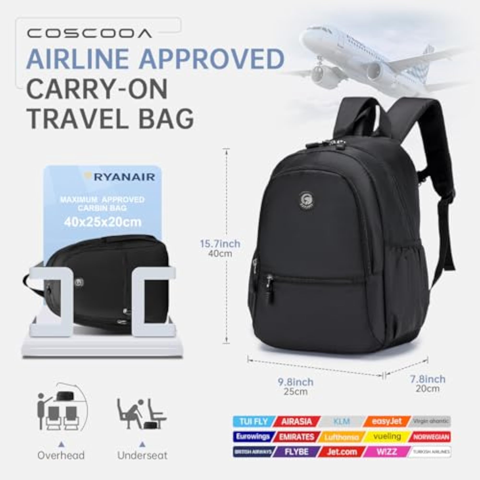 Ryanair Personal Item Travel Bag, Lightweight Carry on Backpack