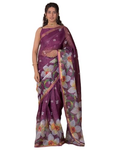 Image of Satrani Women's Kota Chex Printed Saree with Unstitched Blouse Piece