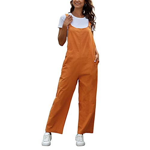 Treer Mujer Peto de Pantalones Largos Casual Verano Mono Suelto Moda Bolsillos Tiras Fiesta Pantalones de Babero Jumpsuit Playa Fiesta Pantalón (Naranja,M)