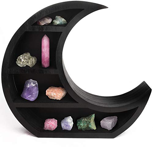 Wooden Black Crescent Moon Shelf - Gothic Halloween Witchy Room DÃ©cor. Moon Phase Wall Hanging or Tabletop Storage for Crystal Display. Moon Shelf for Crystals and Stones - Shelving for Moon DÃ©cor