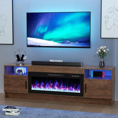 BREEZEHEAT Electric Fireplace TV Stand with 36 inch Fireplace Up to 80" TVs-Led Entertainment Center with High Glossy Doors-70 inch TV Cabinet，Modern Media Console for Living Room (Dark Brow