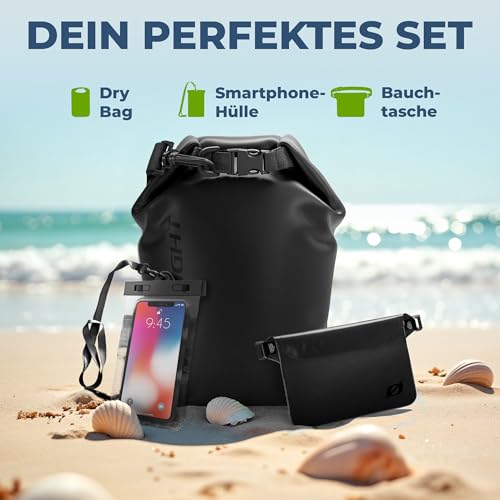 Nordlight wasserdichte Tasche 3er Set (Schwarz) - Dry Bag 10l + wasserdichte Handyhülle + wasserdichte Hüfttasche | IPX8 Schutz | Mit Verstellbaren Gurten Für Strand, Stand Up Paddling