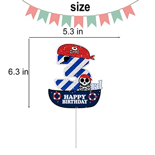 Pirate Cake Topper For Boys Girls 3Rd Birthday Nautical Sail Skull Pirate Theme Party Supplies Pirate Ship Party Decorations Blue Glitter Pirate 3 Cake Decorations #TOP3