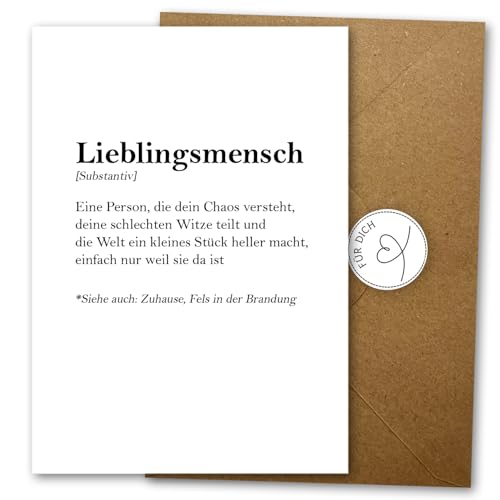 LIEBEVON Grußkarte Lieblingsmensch - Elegante A6 Karte mit Umschlag aus Kraftpapier und Siegelaufkleber Geschenkkarte für Partner beste Freundin & Jahrestag