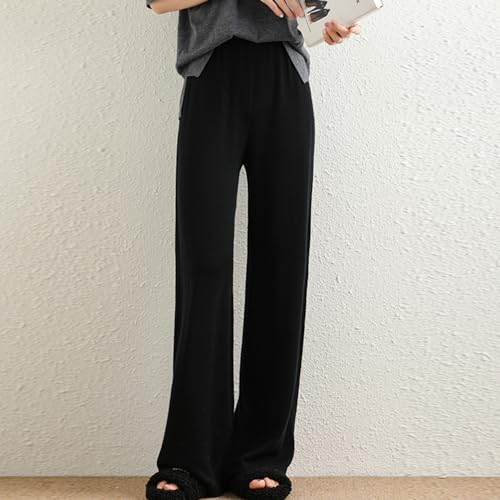 Women's Summer 100% Merino Wool Wide Leg Pants Solid Elastic High Waist Knit Lounge Trousers Casual Lightweight3