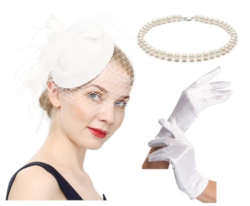Cizoe Fascinators Hats 20s 50s Hat Pillbox Hat Cocktail Tea Party Headwear with Veil for Girls and Women(B-White Set)