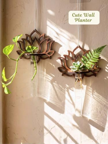 Image of Bombay Greens ; Sow, grow, eat, repeat Hanging Lotus Planter with Wooden Holder & Rope | Test Tube Hanging Planter | Wooden Stand for Home Decor, Living Room, Balcony & Office Decoration - Pack of 2