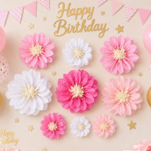 Image of Cholemy 24 Pcs Tissue Paper Flowers 8 inch 10 inch 12 inch, Pink, White