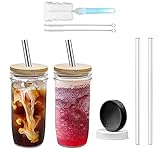 Holwarm 720ml Bubble Tea Becher Einmachglas Glasbecher 2er Set, Trinkglas mit Strohhalm und Anti-Schimmel Bambusdeckel, Weithals Iced Coffee Glas, Fruchtsaftbecher,Mason Glas Tumbler Cup Boba Tea Glas