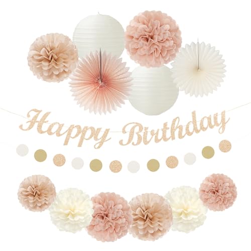 Champagne-Gold Beige Dusty-Pink Birthday Party-Decorations - 14pcs Happy Banner Boho Lanterns Tissue Pom Poms,Rustic Streamers Garland Fans,Neutral One Sweet Peach Girls Hanging Supplies Decor Hugfond